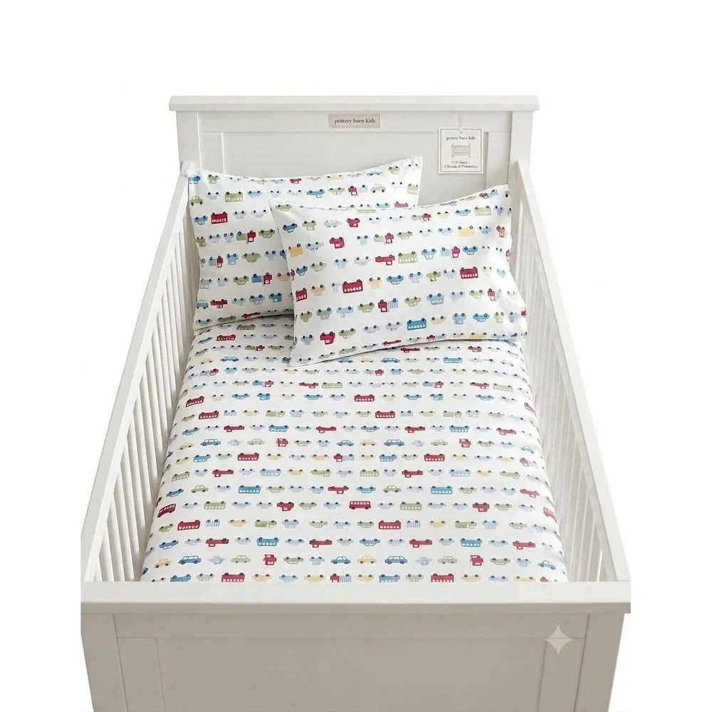 Pottery Barn Kids Brody Crib Toddler Fitted Sheet 2 Standard Pillowcases Set Car